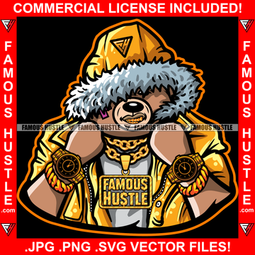 Famous Hustle Gangster Teddy Bear Gold Teeth Watch Jewelry Chain Necklace Fur Hoodie Scar Face Bandage Hip Hop Rap Rapper Plug Trap Street Hood Ghetto Swag Rich Bling Art Graphic Design Logo T-Shirt Print Printing JPG PNG SVG Vector Cut File